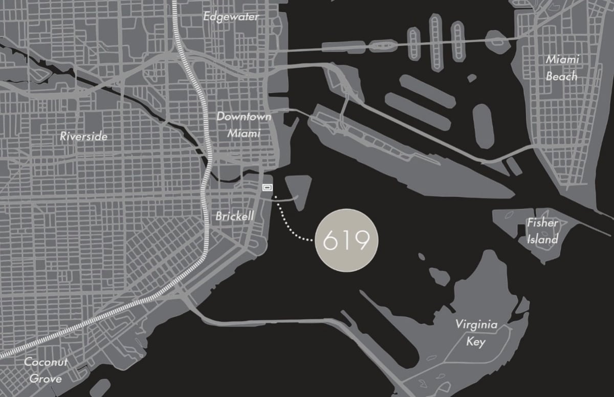 619 Brickell location map — proximity to Citadel HQ, Icon Brickell, Brickell City Centre, and Biscayne Bay